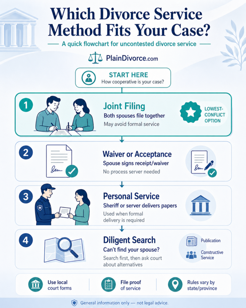Flowchart showing how to serve divorce papers in an uncontested divorce, including joint filing, waiver of service, personal service, and diligent search.