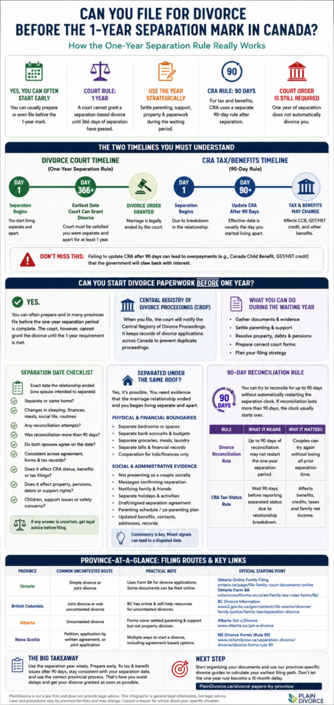 One year separation divorce Canada: how the separation clock, the CRA 90-day rule, and the 31-day effective date fit together