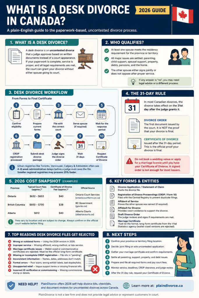 Desk divorce in Canada: the paper route to an uncontested divorce, from application through the Central Registry step to the Certificate of Divorce