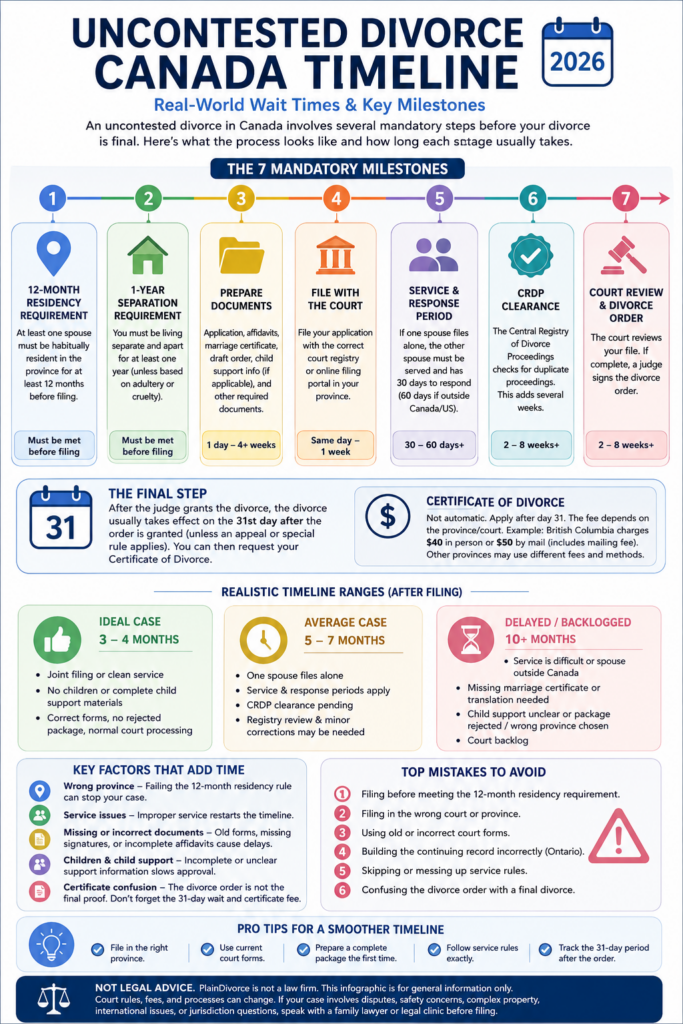 Uncontested divorce Canada timeline: residency, one-year separation, filing, service, the Central Registry step, court review, and the 31-day effective date