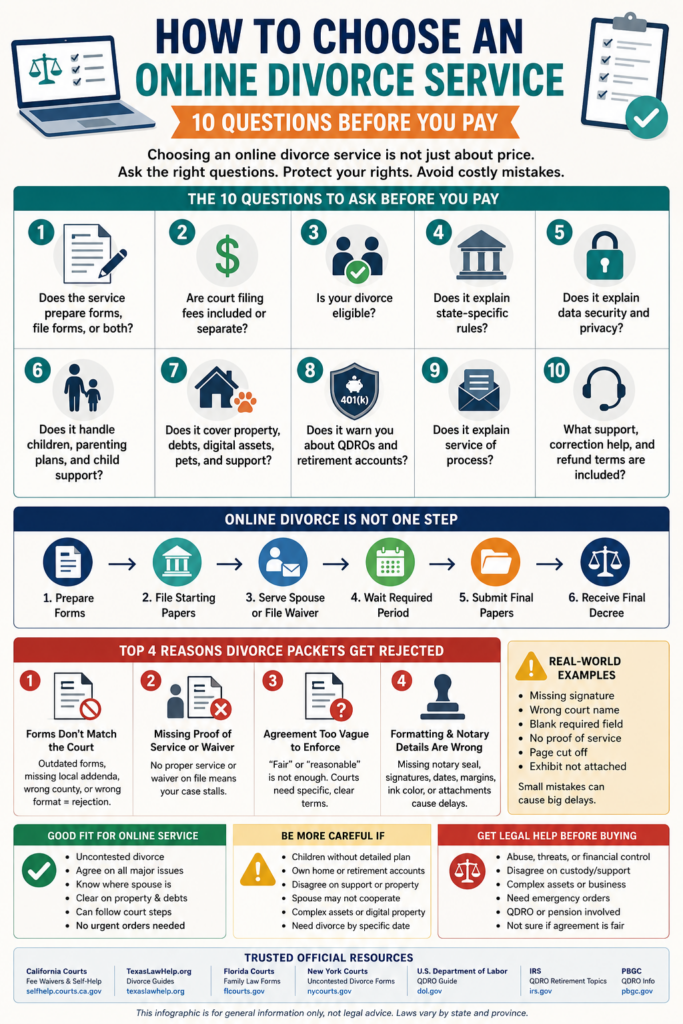 Checklist for an online divorce service comparison, showing scope, eligibility, state accuracy, privacy, and cost criteria