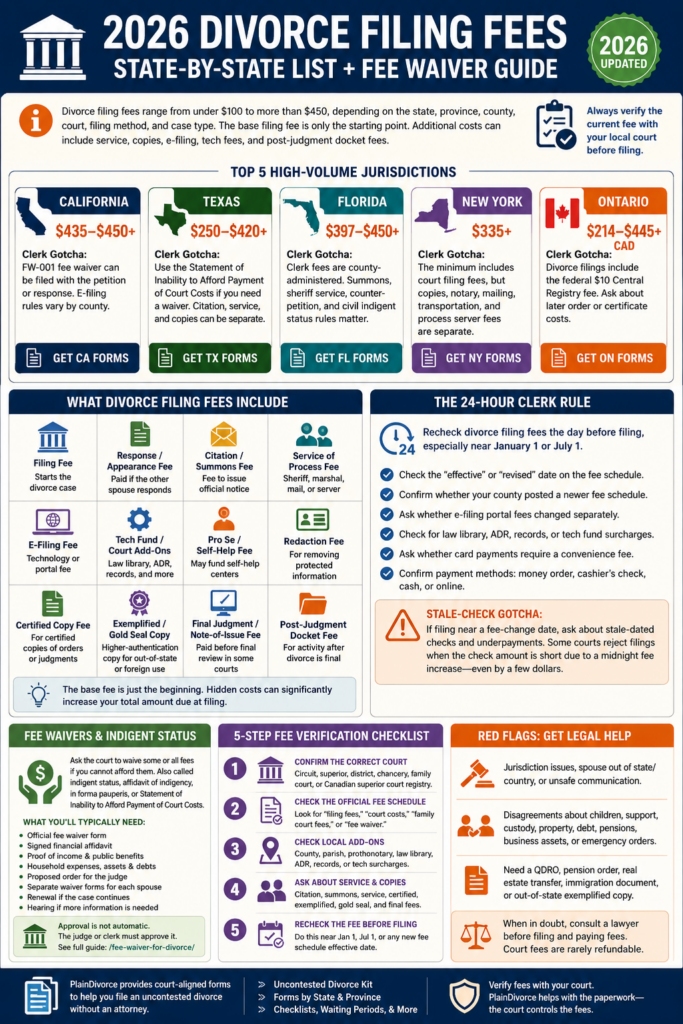 divorce filing fees by state and province planning guide for 2026