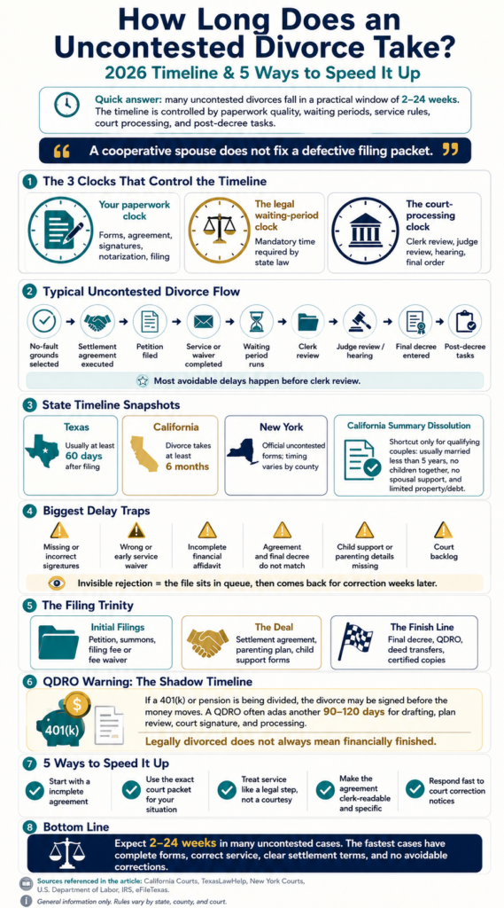 Uncontested divorce timeline: paperwork, waiting period, service, court processing, and post-decree tasks