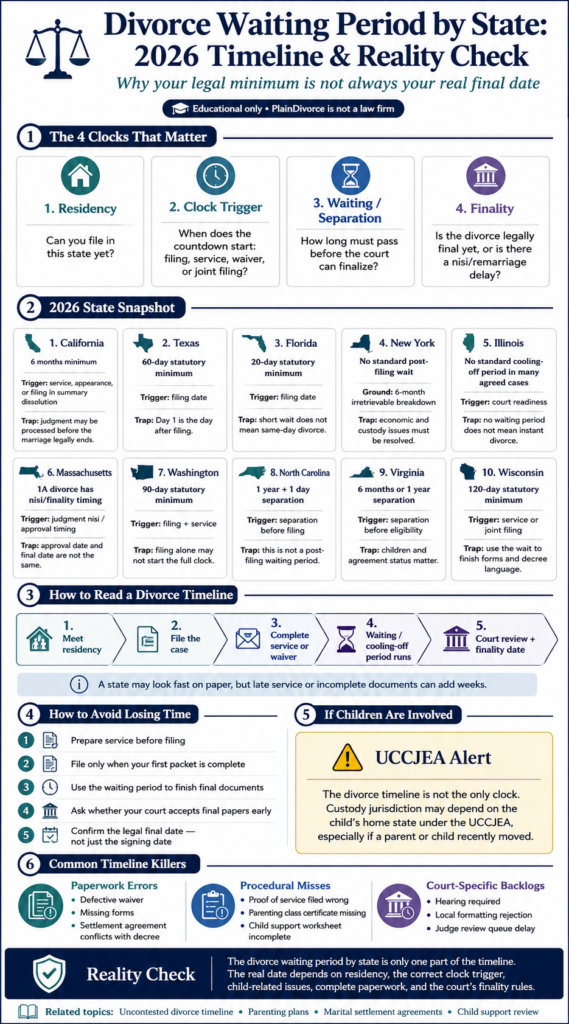 Divorce waiting period by state: residency first, waiting period second, finality last